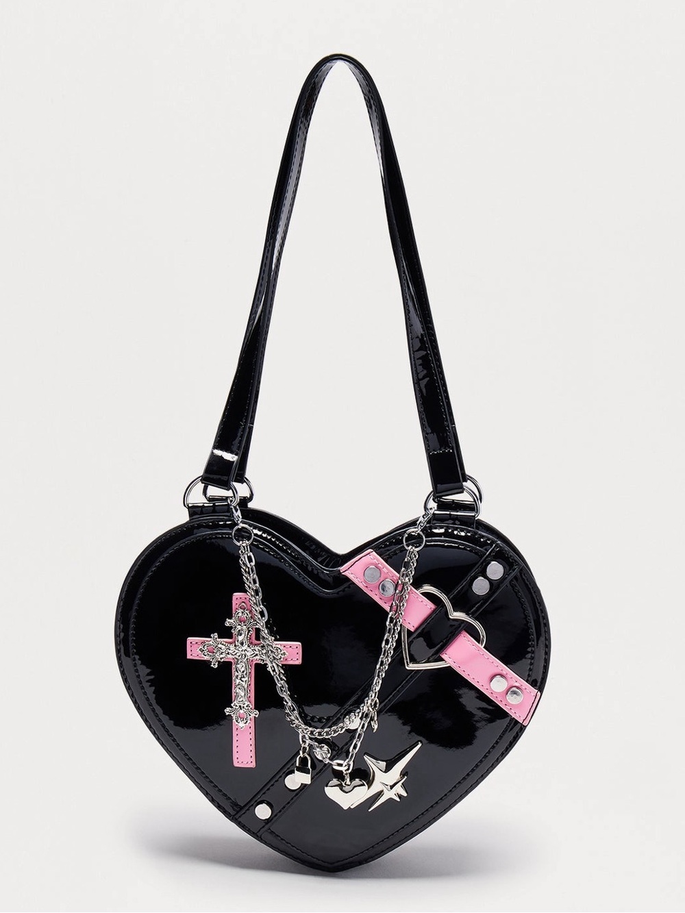 Black Patent Heart Shoulder Bag with Pink Accent